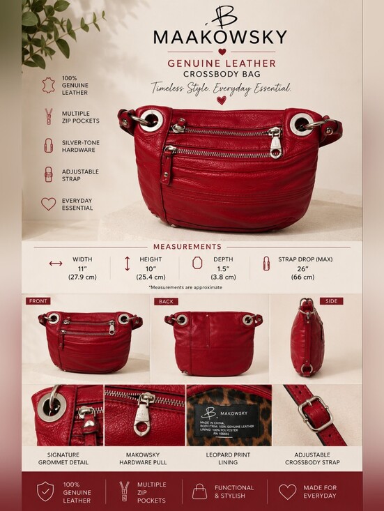 b. makowsky Handbags - B. Makowsky Red Pebbled Leather Crossbody Bag Genuine Leather Silver Hardware